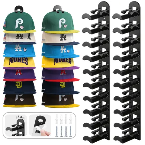 2-Pack Hanging Wall-Mounted Durable Hat Organizer for Baseball Caps, Compact Rack Holds Up to 20 Caps for Men, 2 Mounting Options (Strong Adhesive, Nails), Space-Saving Home Decor for Closet, Door