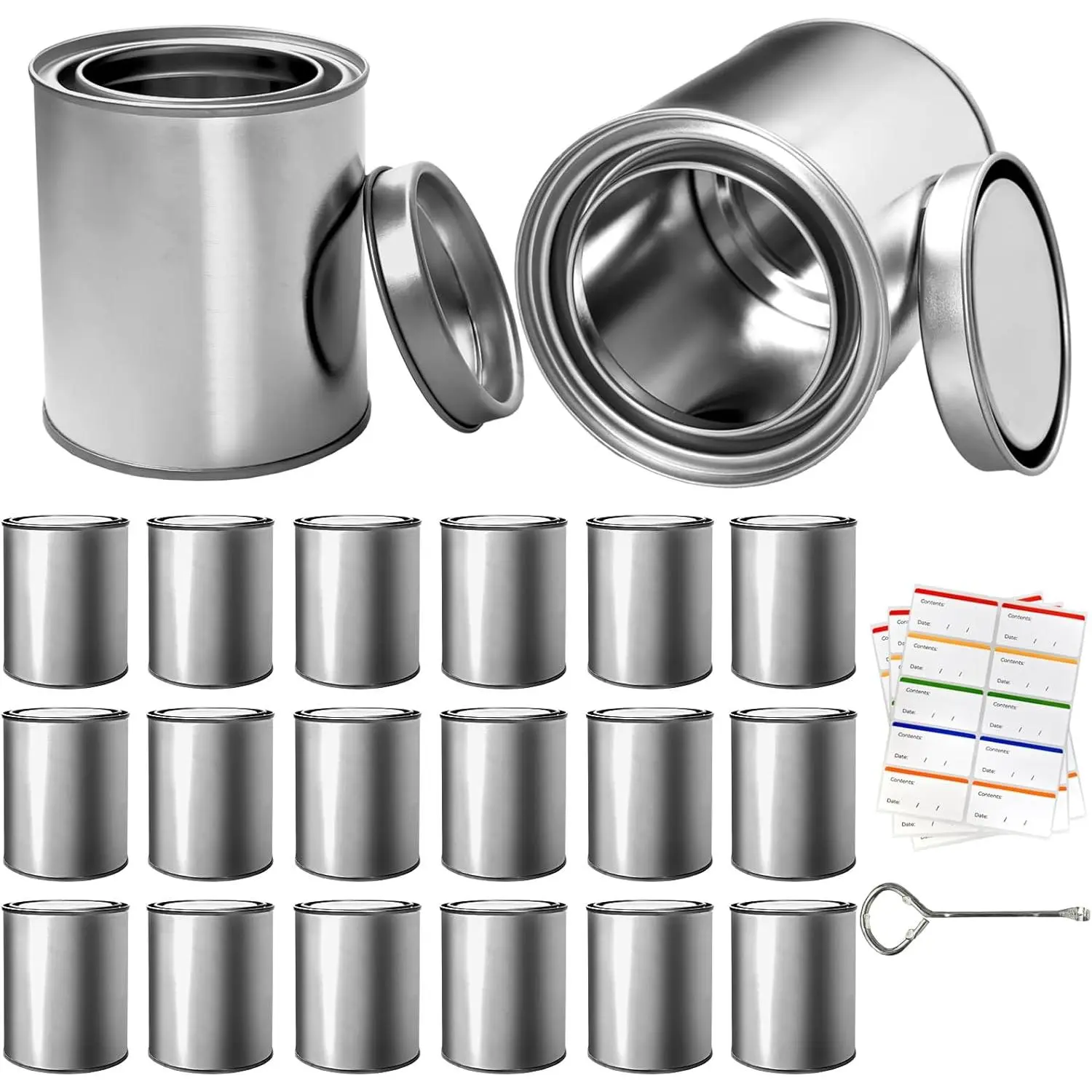 20 Pcs Metal Paint Cans with Lids, 0.84 Pint Small metal Empty Storage Containers with Labels Paint Can Opener Multipurpose Unlined Pail Buckets for Crafts DIY Project Adhesives (Silver)