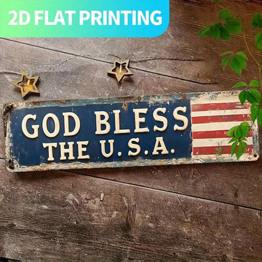 4x16in Traditional Rustic Aluminum Memorial Plaque Sign - Hanging Wall Mount Vintage Patriotic Decor with Nail & Screws, God Bless The USA Military Pride Art, Outdoor Holiday Gift for Grandparents