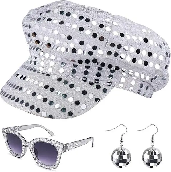 3PCS 70s Sequin Hat accessories Women Disco Accessories with Sequins Hat Sunglasses Earrings Disco Costume Set for Women Theme Party Birthday Dance