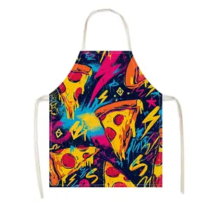 Colorful Pizza Theme Apron, Linen Material, Fun Graphic Design, Easy to Clean, Kitchen Cooking Baking Apron for Home Cooks