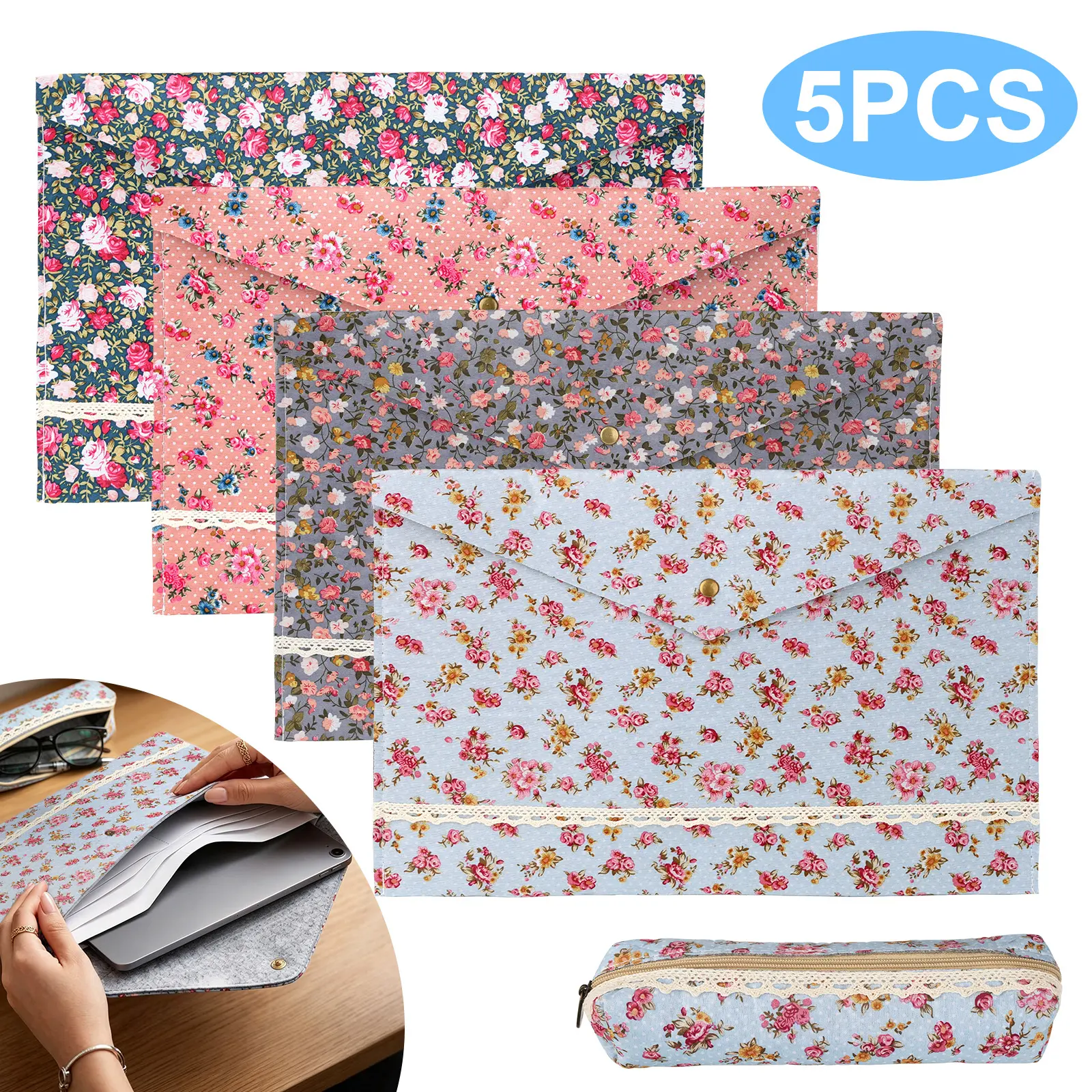 5Pcs A4 Papers Document Bags w Pen Pouch - Vintage Floral Stationery Organizer Set,File Storage Bag,File Folders Organizer,Desk Accessories for School Office Travel