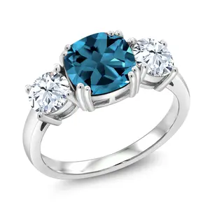 4.24 Cttw London Blue Topaz and White Zirconia 3-Stone Engagement Ring For Women |  925 Sterling Silver | Center Cushion 8MM | Wedding Engagement Anniversary Promise Ring