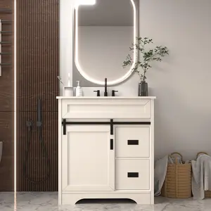 Farmhouse Bathroom Vanity Set - Single Sink, Vanity Mirror with Sliding Barn Doors & 2 Drawers