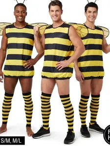 Men's Bee Costume Adult - Yellow Black Striped Tunic with Wings, Antennae & Leg Warmers, Funny Bumblebee Halloween Cosplay Outfit