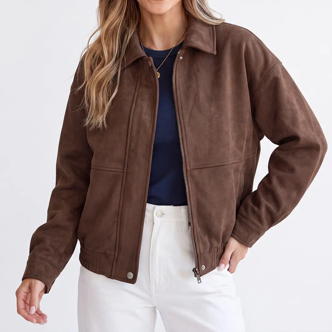 Shewin Women's Collared Faux Suede Bomber Jacket Tops, Long Sleeves, Lapel Neck, Metal Zipper-Button Closure, Drop Shoulders, Loose Fit, Regular Length, Casual Animal Print Coat
