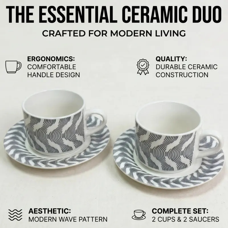 Retro-Stylish Black and White Striped Ceramic Coffee Cup and Saucer Set, Porcelain Drinkware for Home Afternoon Tea, Latte Use