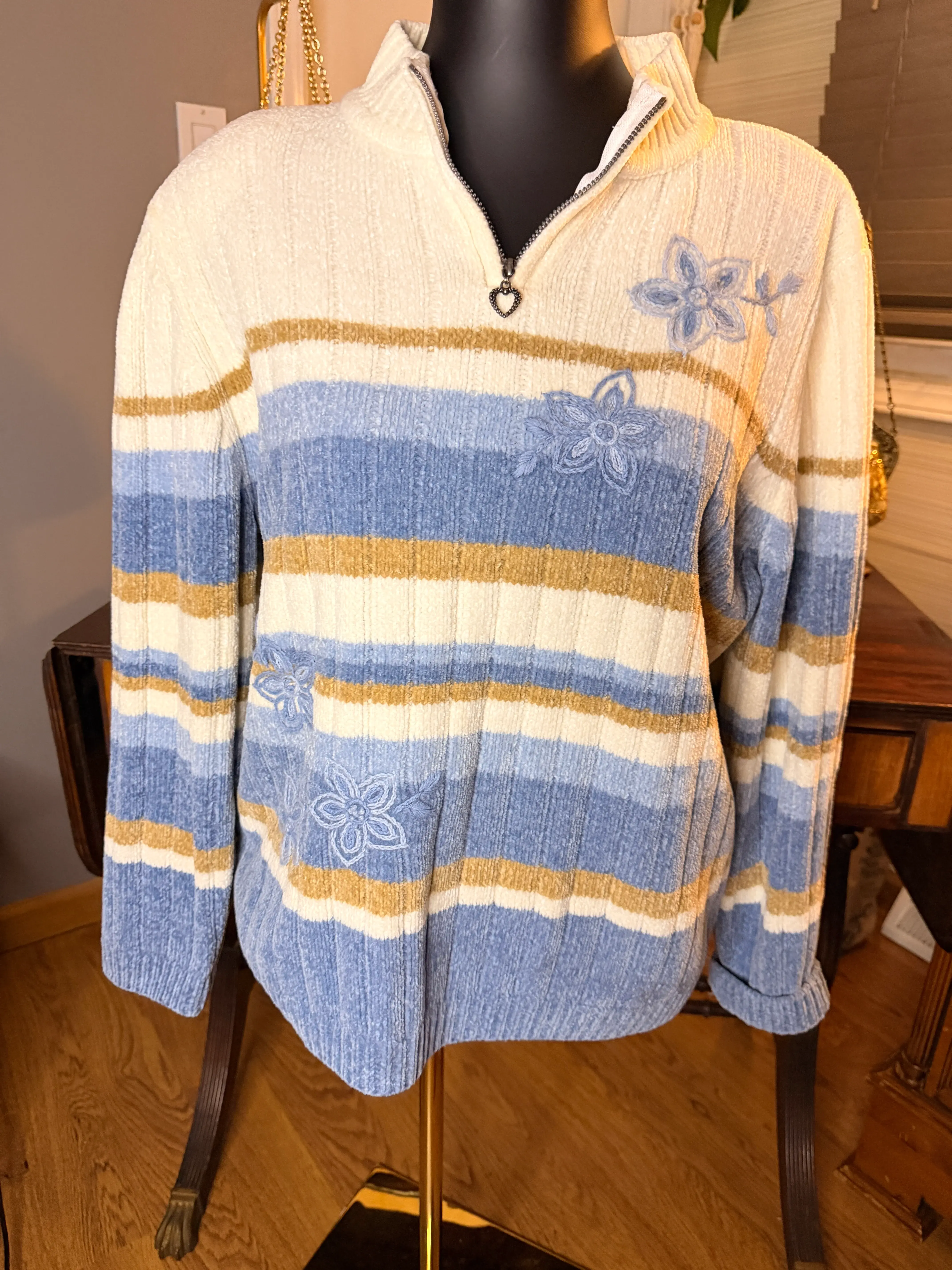 Vintage Alfred Dunner Chenille Quarter Zip Sweater Medium Blue Cream Floral Heart Pull