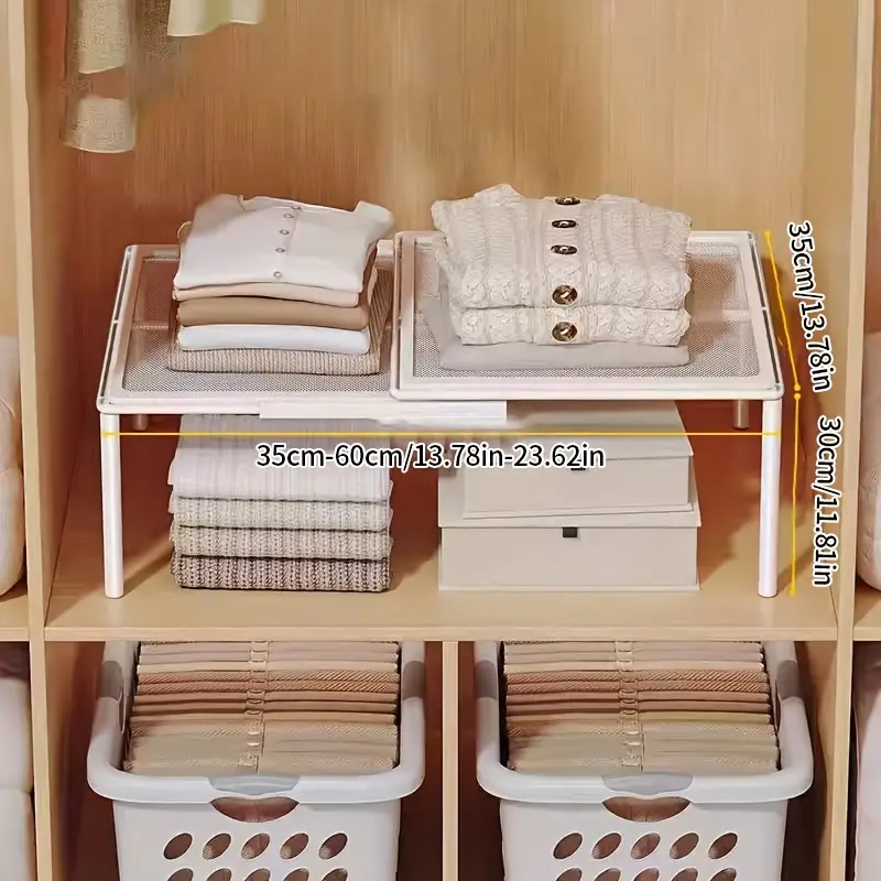 Stackable Metal Rack, Durable Reinforced Organizer, Clothes Organiser, Adjustable & Stackable Metal Closet Organizer Rack, Expandable, Space-Saving Storage Shelf for Kitchen, Bedroom, Desk, Ivory, Freestanding Design, Mounts Easily