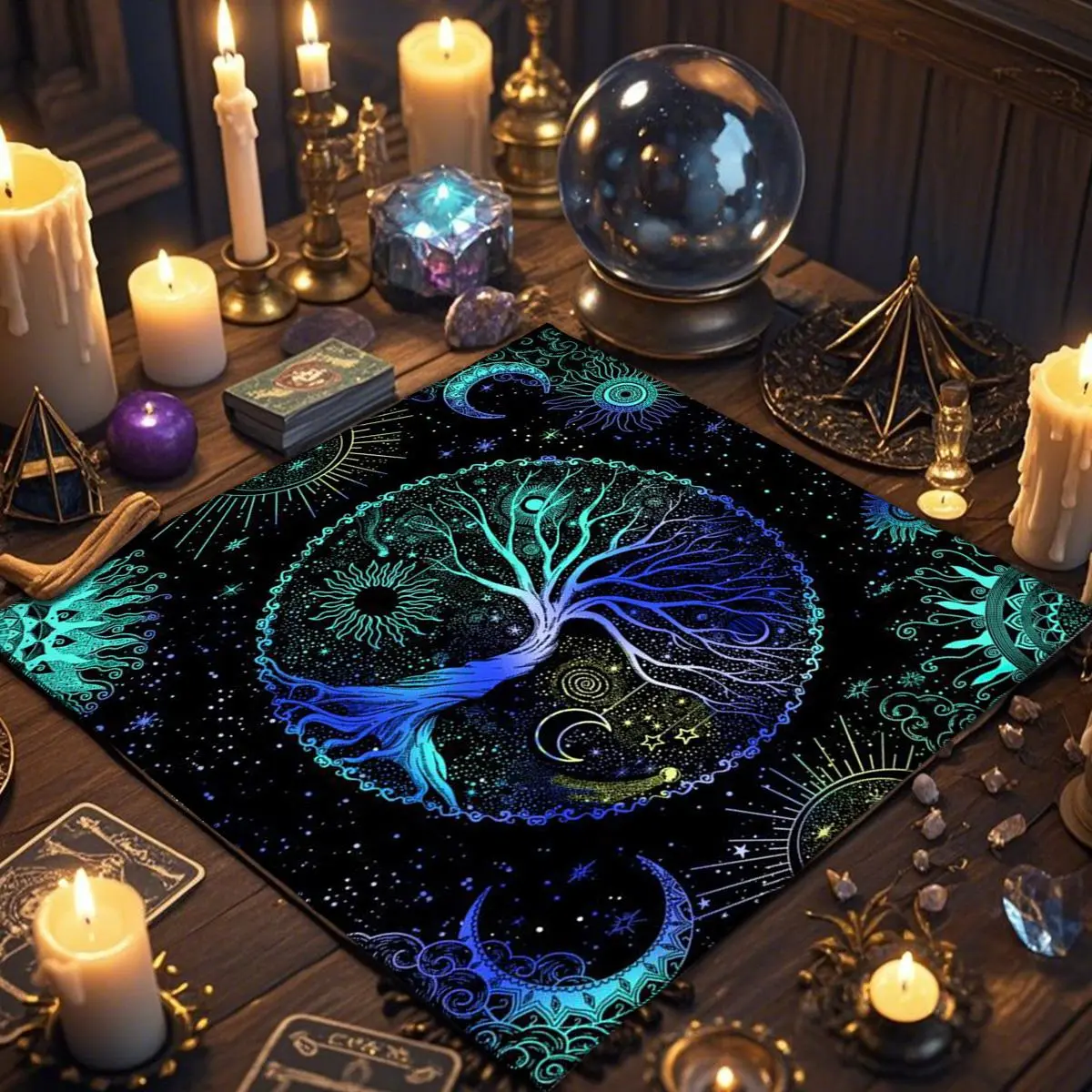 Tree Of Life Pattern Cosmic Design Astrology Tarot Card Tablecloth, 1 Count Single Unit Spiritual Decorative Altar Cloth, Card Game Tarot Reading Decorative Tablecloth for Home Living Room Bedroom, Tarot Enthusiasts Astrology Rituals