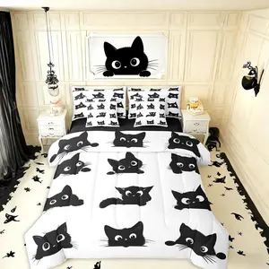 Cute Cat Comforter Bed Set with Sheets,Kids Boys Girls Funny Black Cats 7 Piece Bedding Set,Cartoon Kitten Animal Bed Bag,Cute Cat Bed Quilt Bed Set