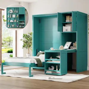 Twin Size Rotating Wall Murphy Beds with Bookshelf, Top Cabinet, Extendable Desk & Side Storage