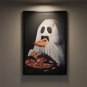 Funny Ghost Eating Pizza Wall Art Spooky Halloween Room Decor Cute Trendy Aesthetic Cartoon Poster Print, Premium High Quality Eco-Friendly Materials, Option: Black Frame, Canvas Wrapped or Frameless Poster Painting