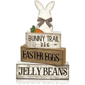 4 Pcs Easter Table Decoration Wooden Rabbit Easter Day Tiered Tray Decor Rustic Wooden Bunny Block Sign Gifts Cute Bunny Centerpiece Farmhouse Holy Week Party Decoration for Home Kitchen