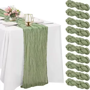 10 PCS Bohemian & Vintage Garden Style Sage Cheese Cloth Table Runner, 10 Feet Long Rustic Gauze Table Runner, Elegant Table Decor for Wedding, Party, Bridal Shower, Banquet and Special Events