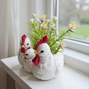 Chicken Family Decorative Flower Pot, Mother Hen and Three Chicks, Elegant Country Style, Gold Accents, Perfect for Graduation Celebrations