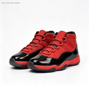 High-Top Basketball Sneakers with Red Fabric and Black Patent Leather Upper and Tonal Red Midsole