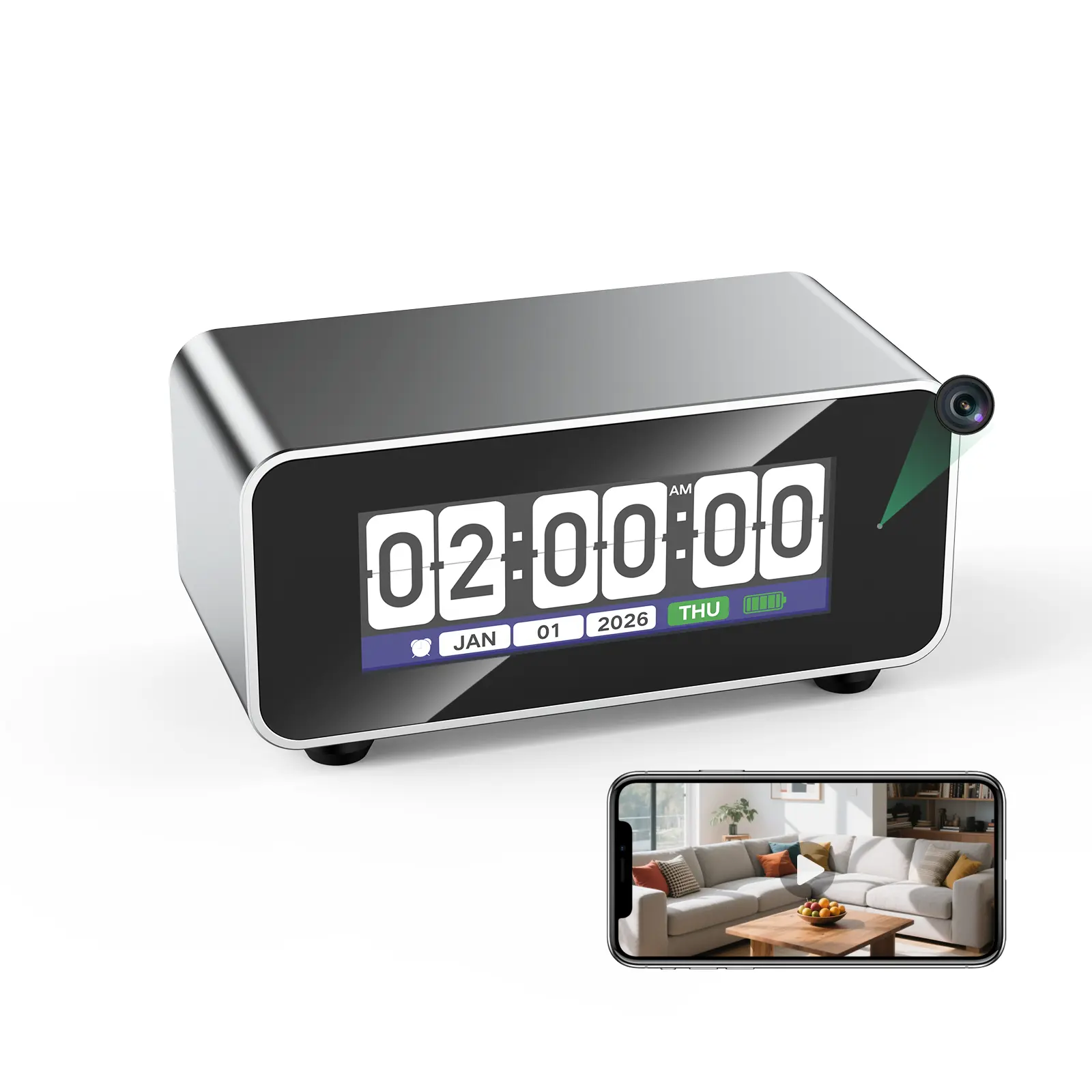 Retro Flip Vision Smart Desk Clock WiFi Security Camera - Home Cameras Indoor, 1080P HD, 3000mAh Battery, 2.4G/5G WiFi, Motion Sensor, Motion Alerts, CNC Aluminum Frame, Built-in Alarm, 32GB Memory Card, TFT Display, USB-C