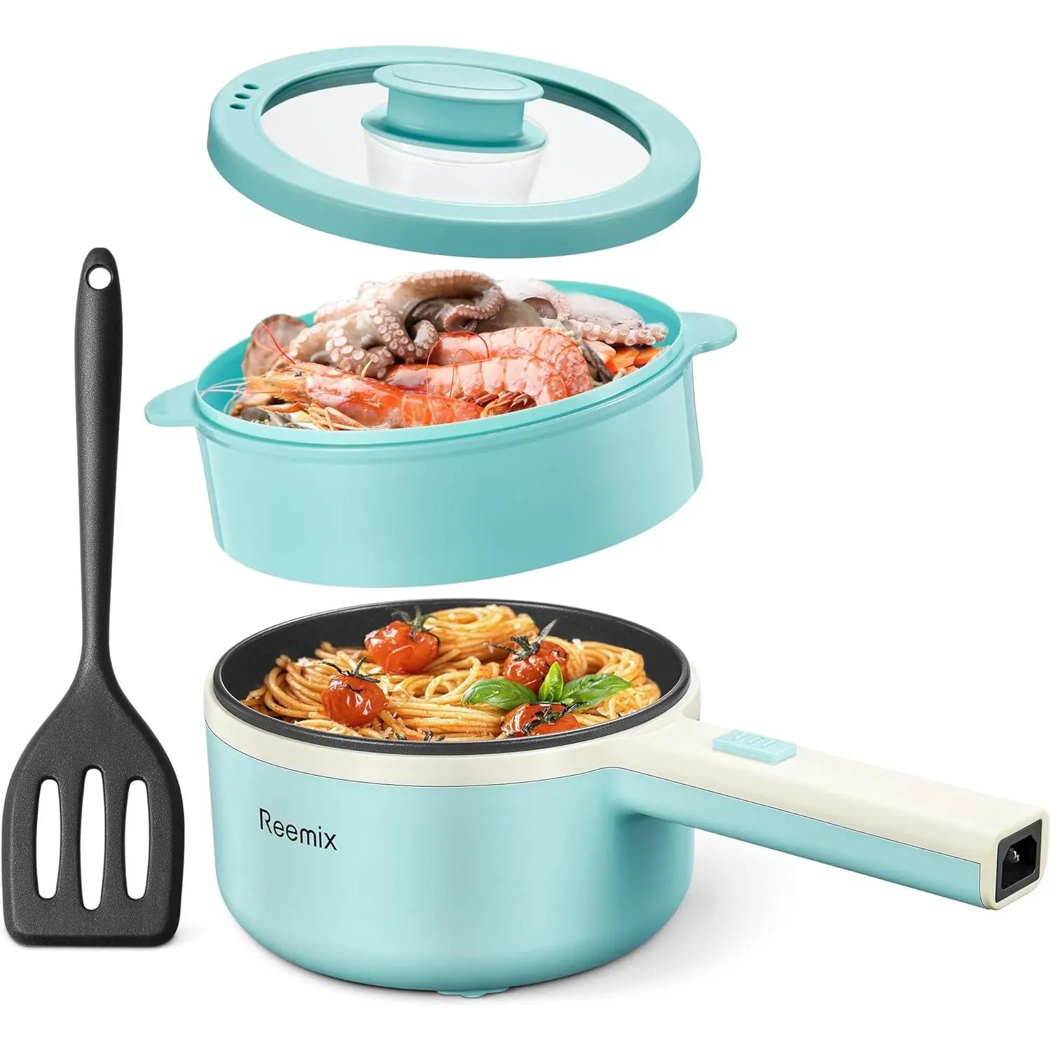 Electric Hot Pot With Steamer, 1.6L Non-Stick Ramen Cooker & Sauté Pan, Portable Personal Cooker for Steak Egg Soup, Ideal for Dorm Room and Apartment, Aqua