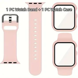 Soft Silicone Sport Watch Band & 2 in 1 Screen Protector Tempered Film Watch Case, Smartwatch Strap, Smart Watch Straps, Watch Accessories Compatible with Apple Watch Series Ultra/SE/10/9/8/7/6/5/4/3/2/1, Wearable