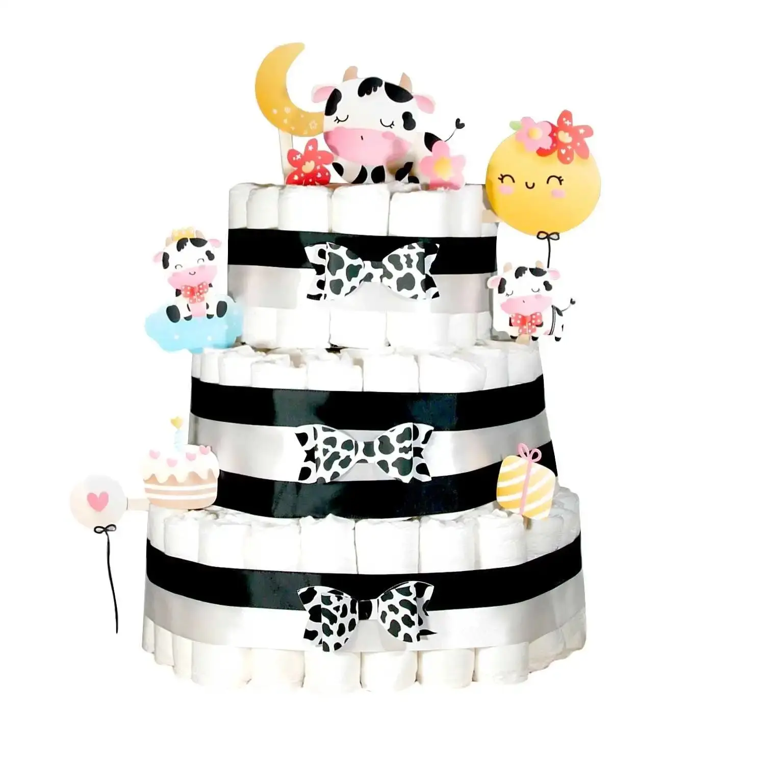 Black and White Celebration Cow Diaper Cake Kit - Home Supplies with Wood Base, Bows, Festive Animal Decor, Baby Shower Supply for Cow Lovers
