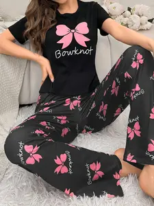 Women's Knit Fabric Sleepwear Set, Bow Tie Pajamas, Short Sleeve Long Pants, Casual Home Wear Loungewear, Comfortable and Stylish