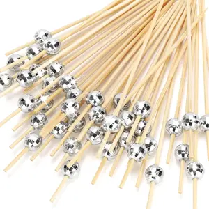 Cocktail Picks Disco Ball Decorative Toothpicks 4.7 Inch Long Silver Wooden Cocktail Sticks for Appetizers, Food and Drink Decorations 100PCS