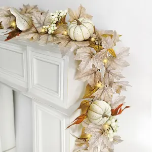 Fall Decorations for Home 6Ft Fall Garland with Lights, Fake Pumpkin Berry Autumn Maple Leaves Garland for Mantle Halloween Thanksgiving Fireplace Harvest Party, Fall Decor Indoor Outdoor Porch Vines