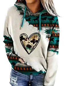 Women's Geometric Horse Print Aztec Hoodie Pullover Cowgirl Western Hooded Sweatshirt