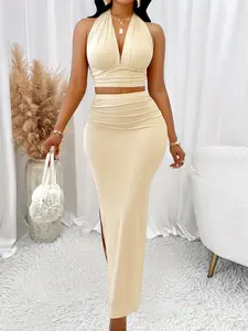 Women's Sexy Casual Fit V-Neck Halter Top and Split Slit Long Skirt Set, Womenswear, Perfect for Daily Wear and Valentine's Day Dates