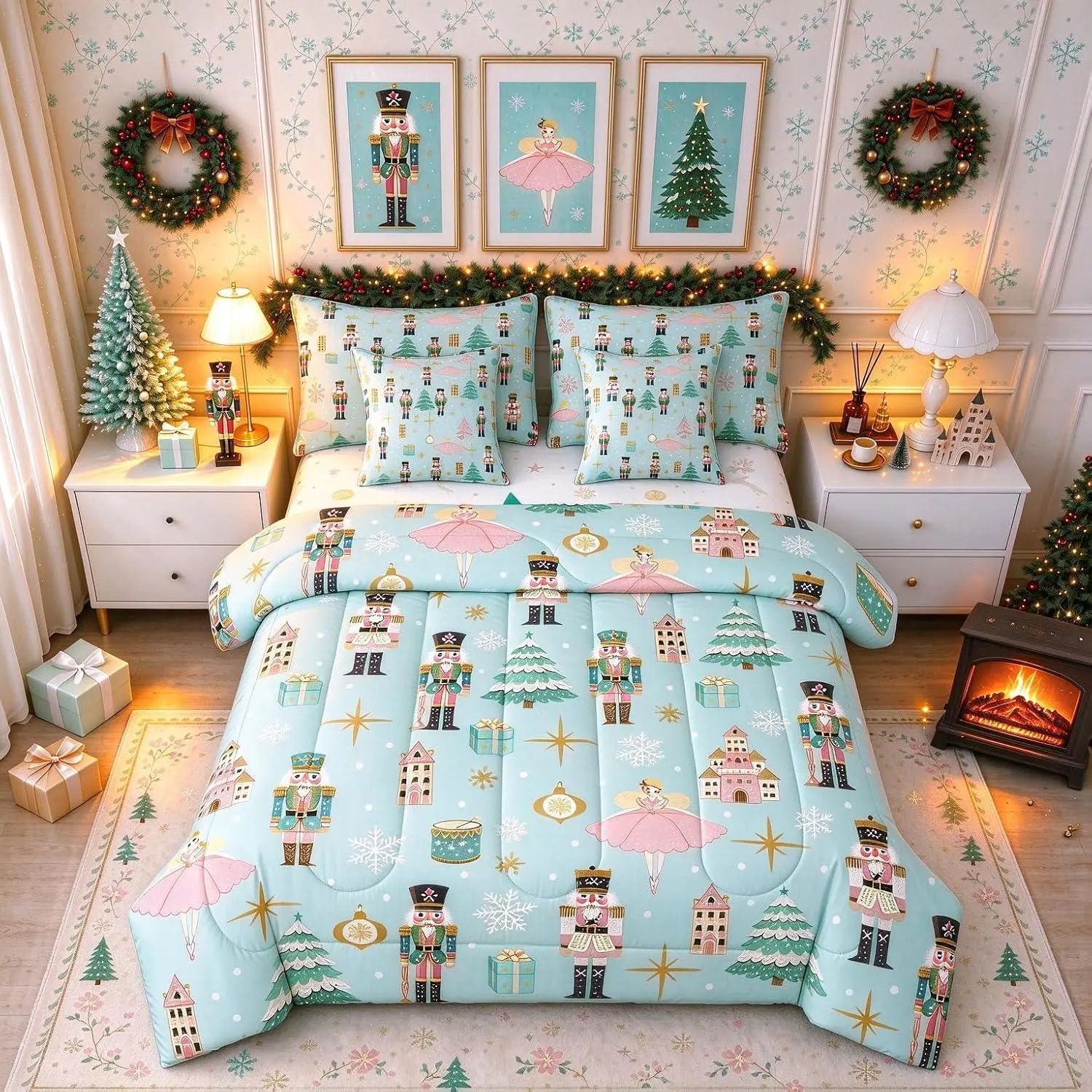 7Pcs Green Christmas Comforter Set,Xmas Tree Nutcracker Bedding Set,Pink Princess Bed in A Bag for Women,Winter Xmas Holiday Christmas Ornaments Quilt with Flat Fitted Sheet