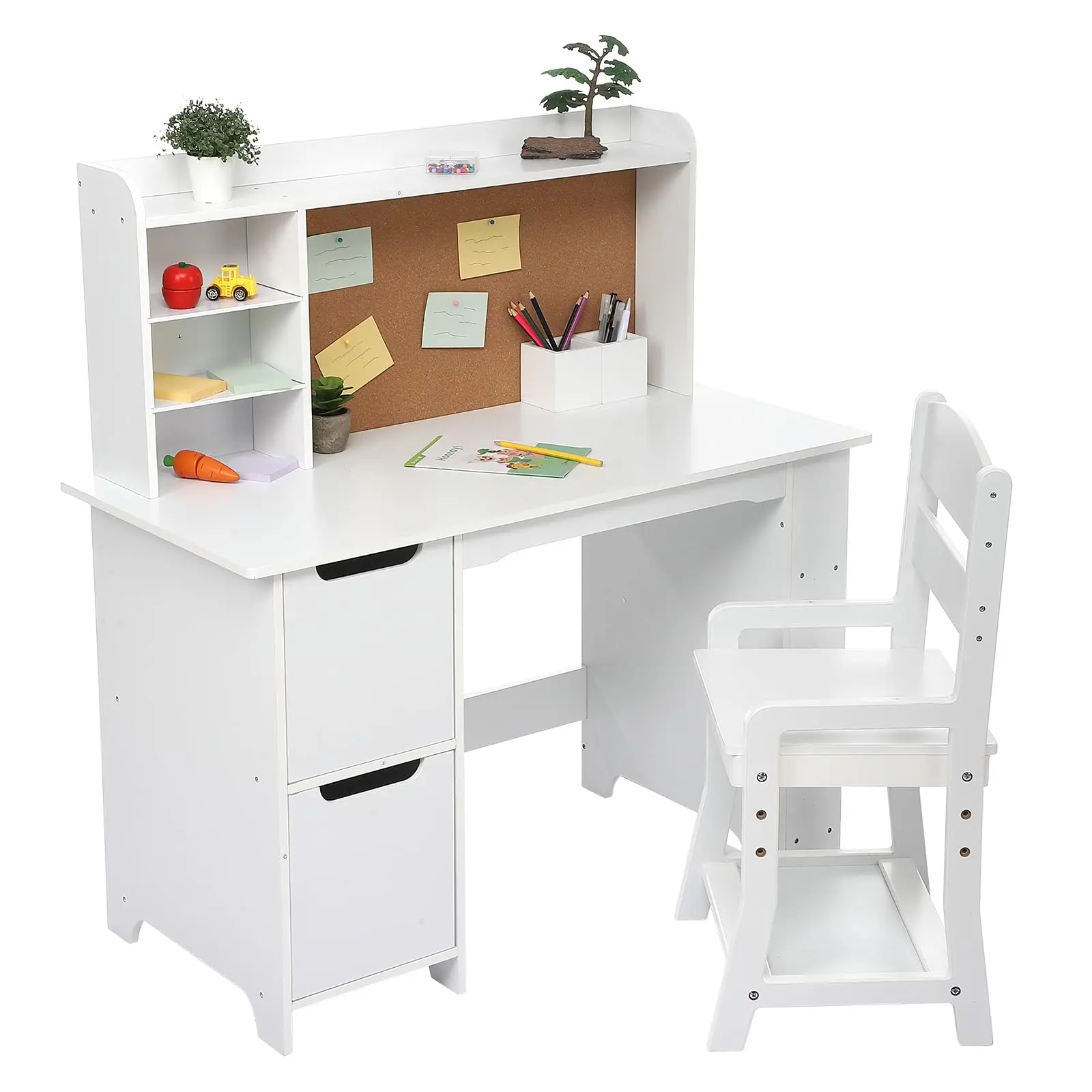 Garvee Children's Desk Set with Wooden Writing Table, Bookshelf, Bulletin Board, and Storage Cabinets, Suitable for Ages 3 to 8, Perfect for Boys and Girls
