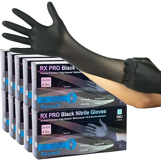 Raxwell Black Latex & Powder Free 4.5 Mil Nitrile Disposable Gloves | Food Grade Medical, Lab, Kitchen, Mechanic, Cleaning, Tattoo Work Gloves | Bulk