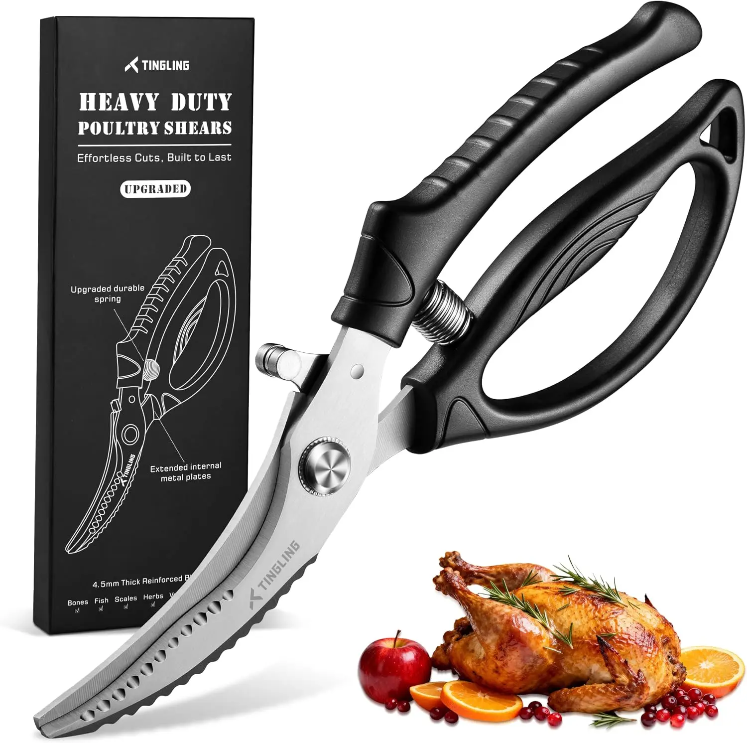 Heavy Duty Stainless Steel Poultry Shears, Spring-Loaded Kitchen Scissors for Easy Spatchcocking, Bone Cutting, Fish & Crab Prep, Reduces Hand Fatigue, Multi-Functional Kitchenware