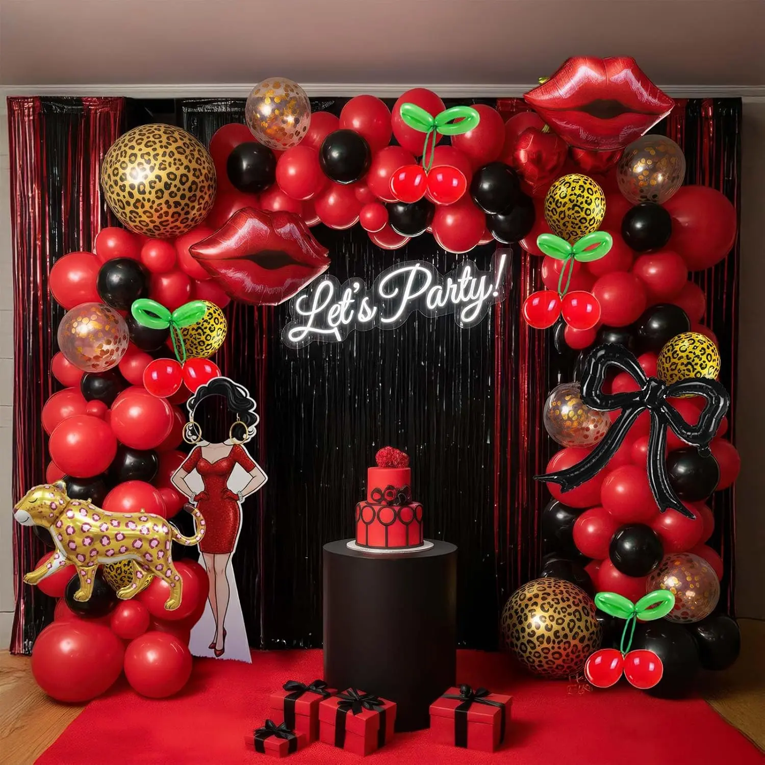 Chic Cherry-Themed Red and Black Balloon Arch Kit Set, Festive Party Supplies with Foil Cheetah Print, Cherry Lips Accents, Wood Square Backdrop, Elastic Band for Birthday Decor, Christmas Events, Blow Up Balloons, Baby Shower