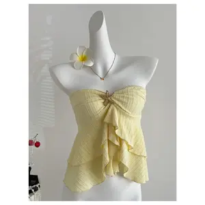 Women's Summer Twist Tube Tops Strapless Sleeveless Layered Ruffle Bandeau Vacation Going Out Top