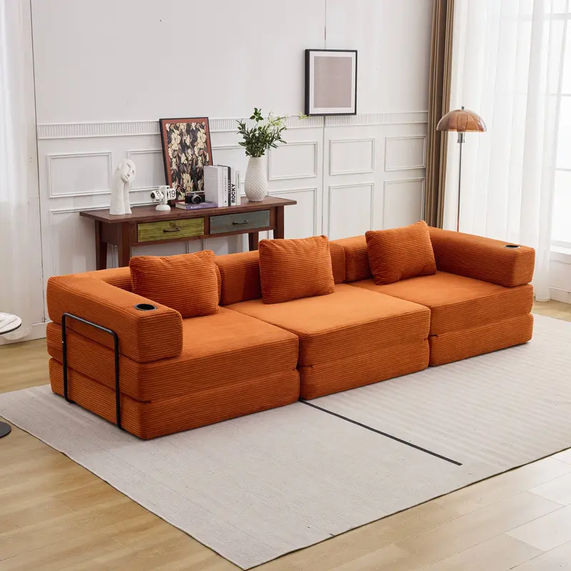 QAK 118" Modular Floor Sofa Bed with Two Cup Holders High-Quality Corduroy Fabric Free Combination Design Premium Sponge Padding Multifunctional for Small Spaces Living Room Mattress