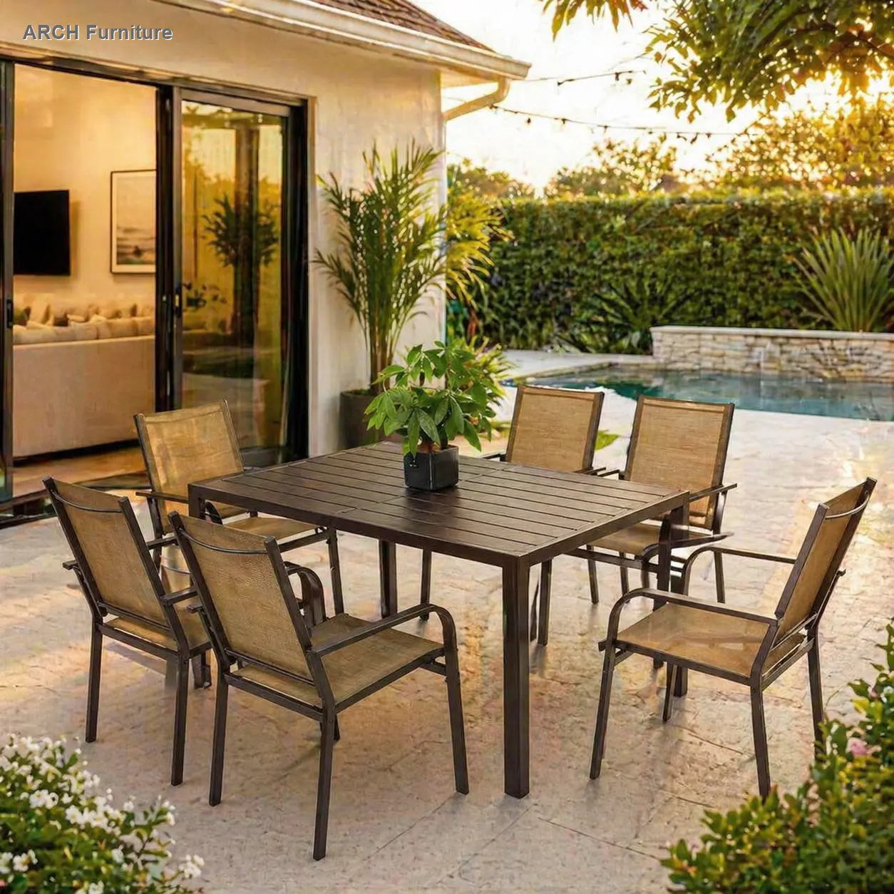 7-Piece Outdoor Furniture Set - Rectangular Table, 6 Stackable Textilene Steel-Frame Chairs, Weatherproof Outdoor Dining Set for Garden, Backyard Family Conversation, Outdoor Dining Sets