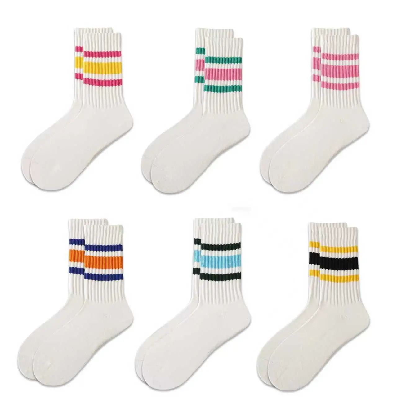 Unisex 6-Pair Modern Retro Crew Socks, Breathable Combed Cotton Striped Sportswear with Seamless Toe & Rib Cuffs, Crew Socks Women, Universal Wear for Walks Jogs, Men's 9-12 Size