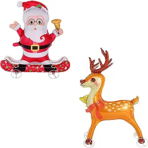 2 PACK Walking Christmas Balloons With Wheels, Christmas Foil Balloons Standing Mylar Balloon, Xmas Birthday Party Foil Balloon for Winter  Year Holiday Party Decorations (Santa + Reindeer)