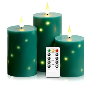 Real Wax LED Candles with Remote Control Timer,Flameless,Battery Required,Party Decor, Halloween,christmas decorations,with Embedded Star String,3 Pcs