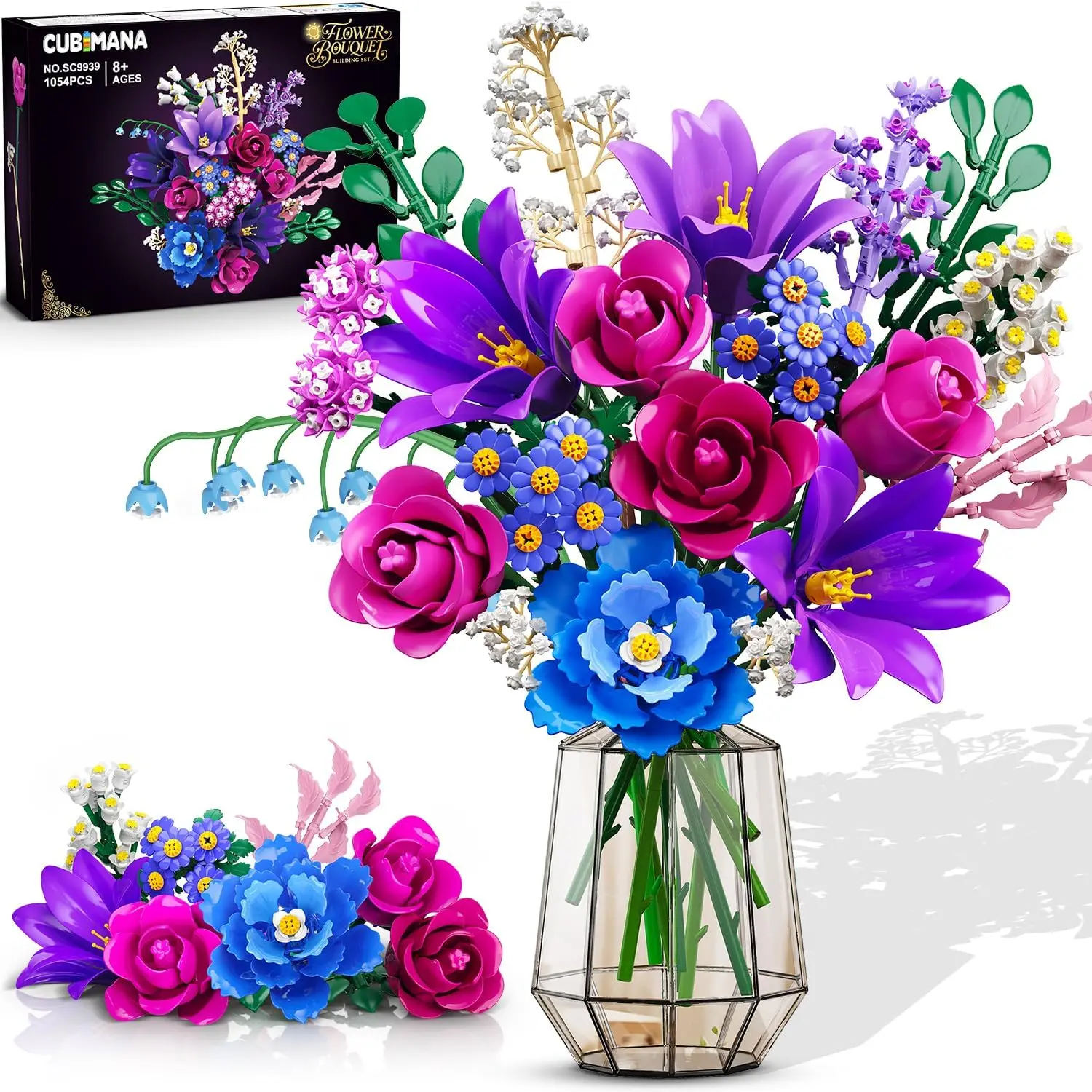 CUBIMANA LED Light Flower Bouquet Building Set, 21-Piece Botanical Collection Building Block Toy, 1054PCS Purple Rose Lily Decor for Adults 12+, Home Office Gift