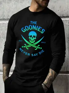 Men's The Goonies Never Say Die Long Sleeve T-Shirt - Vintage 80s Movie Graphic Tee, Pirate Skull & Crossbones Retro Print, Slim Fit Black Casual Top for Cult Film Fans, Soft Cotton Crewneck Shirt for Daily/Cosplay Wear | Gothic Punk Style Apparel
