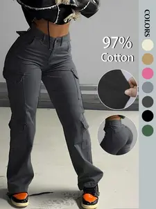 Women's Pocket Cover Plain Cargo Pants, Fashion Casual Multi-Color Workwear, Daily Comfortable Street Style Elastic Fitted Long Pants