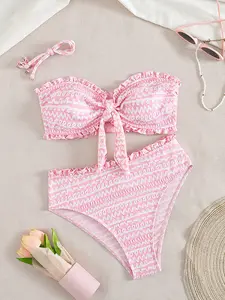 New Fashionable Bikini Set, Ruffle Bikini, Detachable Adjustable Straps, High-Waisted Floral Pants, Comfortable Fabric, Essential Swimwear for Women
