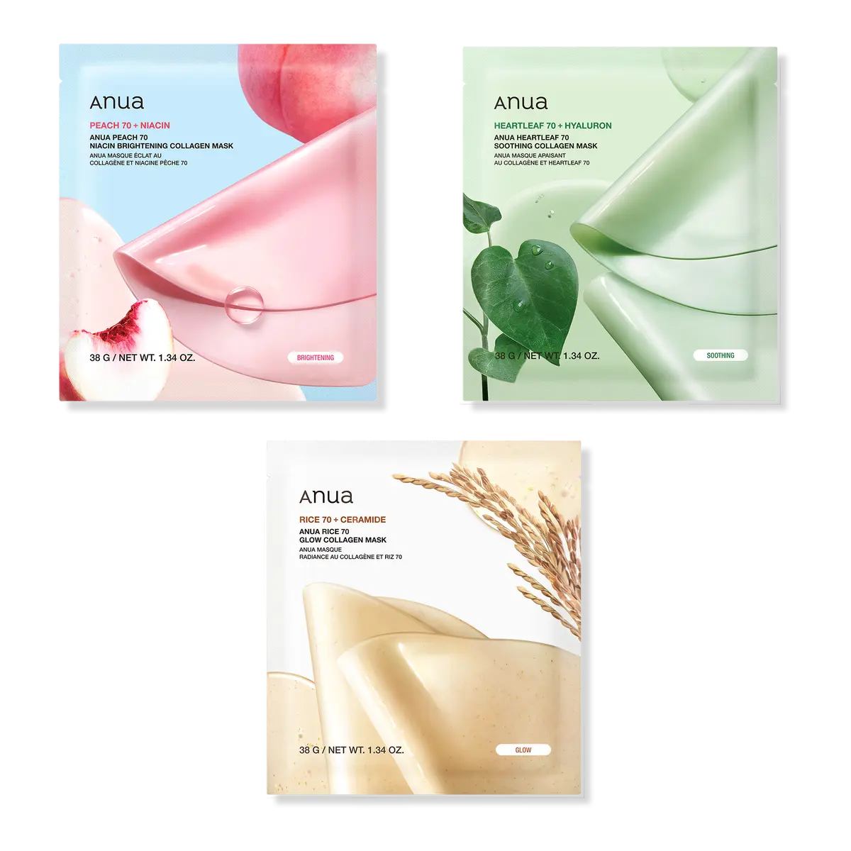Anua Collagen Hydrogel 3 Sheet Discovery Set - Peach 70 Brightening, Heartleaf 60 Soothing, Rice 70 Glow