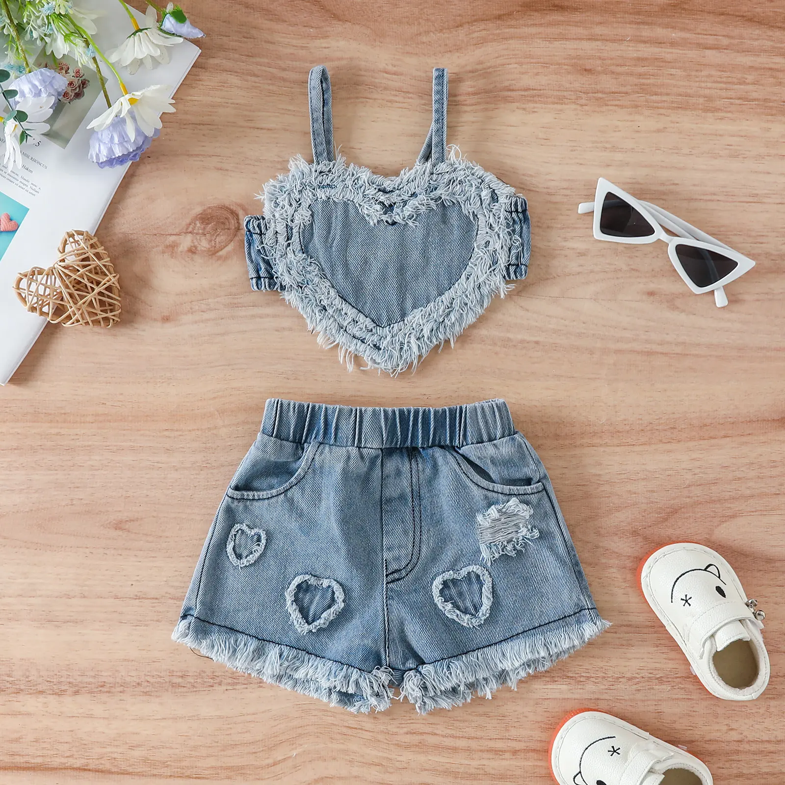 Infant Baby Girl Jeans Shorts Set Denim Outfit Heart Sleeveless Crop Top and Denim Shorts Summer Clothes 3-24 Months