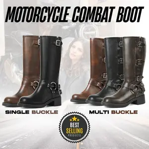 Motorcycle Combat Boots Square Toe Chunky Block Heel Metallic Buckle Slip on Vintage Riding Boots Fall Dress Shoes StepUp StylesGift
