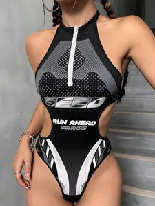 Women's Letter Print Halter Neck Fitted Bodysuit, Fashion Chic Casual Cut Out Sleeveless Bodysuit for Daily Outdoor Wear, Women Clothing for Spring & Fall