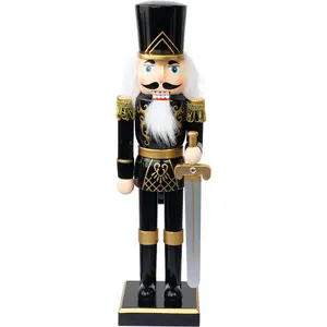 FUNPENY 14" Christmas Decorative Nutcracker Figures, Wooden Black Soldier in Black Uniform Hold Sword, Festive Collectible Nutcracker Gift for Indoor Winter Table Desktop Fireplace Decorations FUNPENY